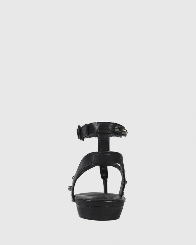 Wittner Seanna Black Leather Stud Detail Flat Sandal