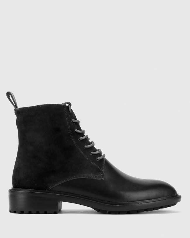 Wittner Dean Black Suede Leather Lace Up Flat Boot