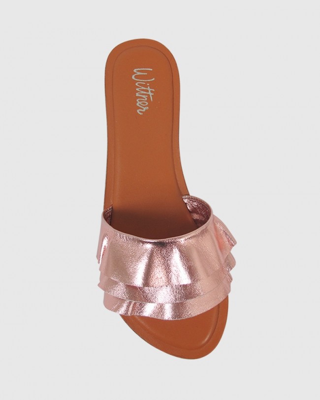 Wittner Indira Rose Gold Leather Ruffle Flat Slide