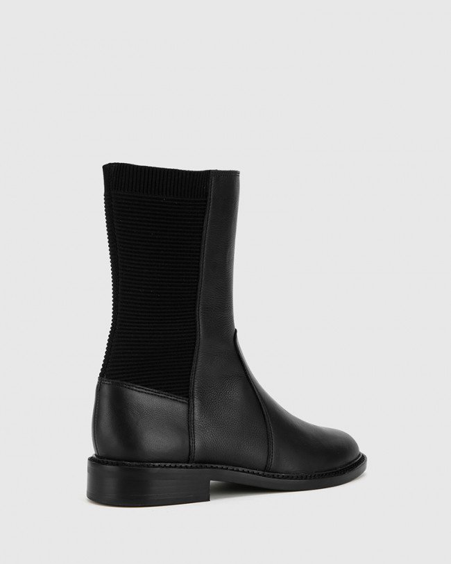 Wittner Blane Black Leather Stretch Gusset Pull On Flat Boot