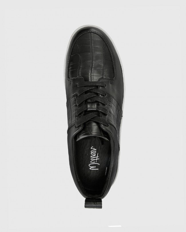 Wittner Gino Black Smooth Croc Leather Lace Up Sneaker