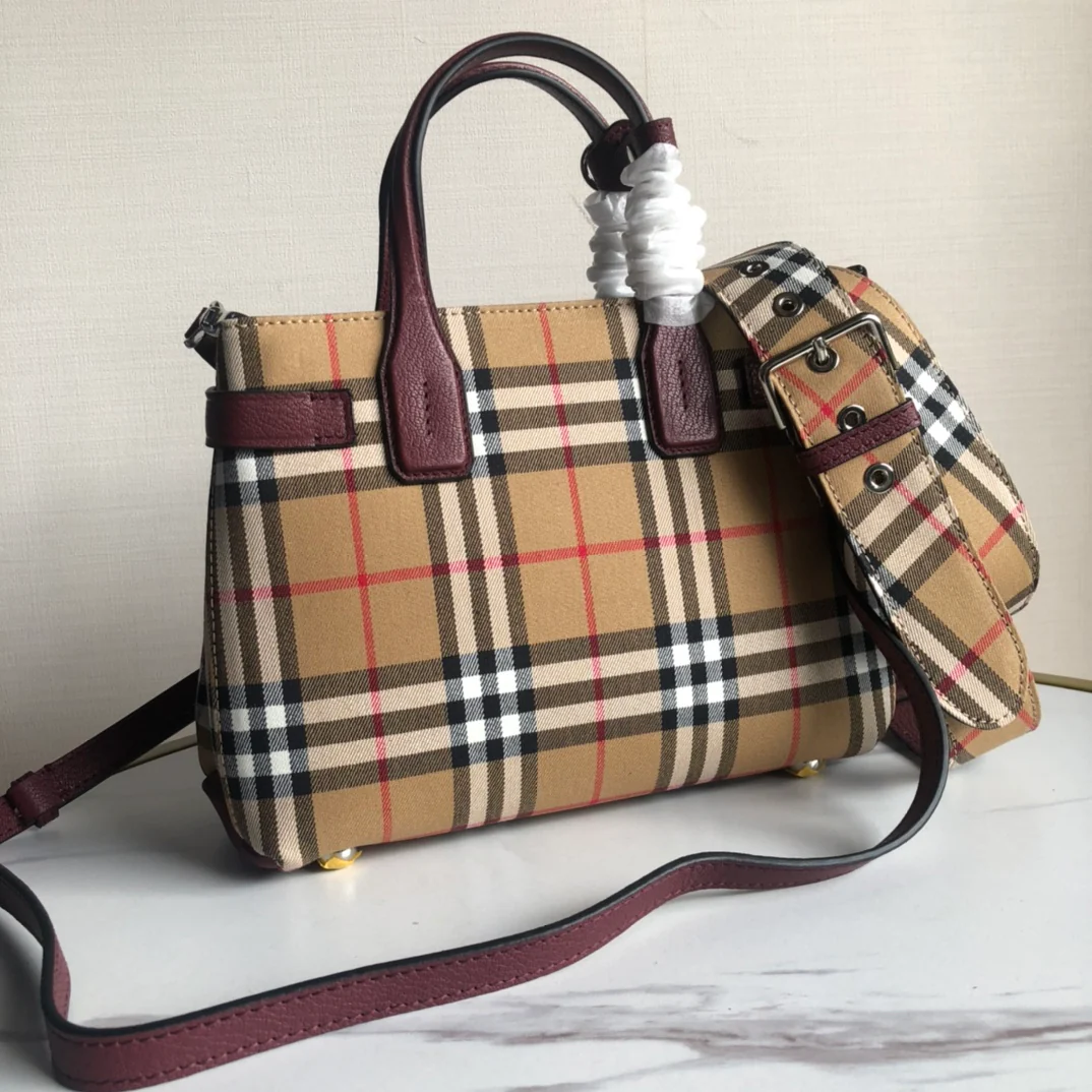 Сумка-тоут Burberry в винтажную клетку, маленькая, бордовая.