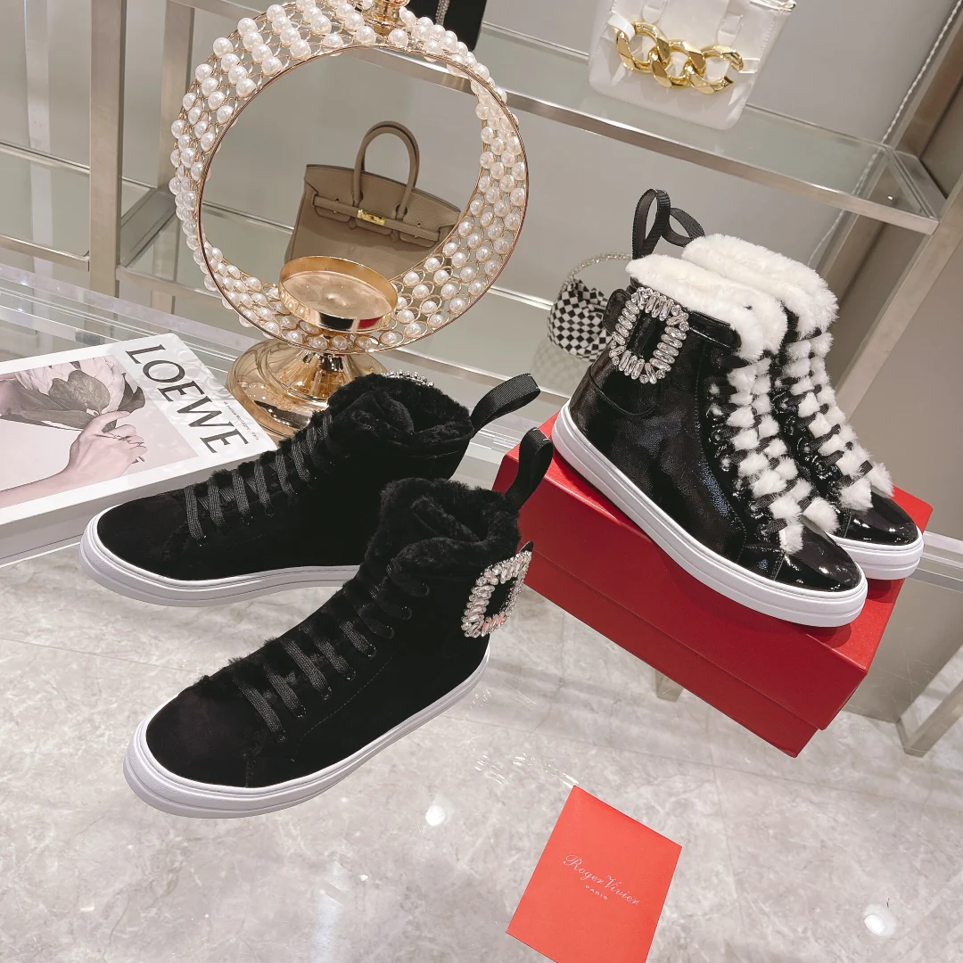 RV-Diamond Buckle Patent Leather Fur Lined High-top Shoes-White Fur Lining