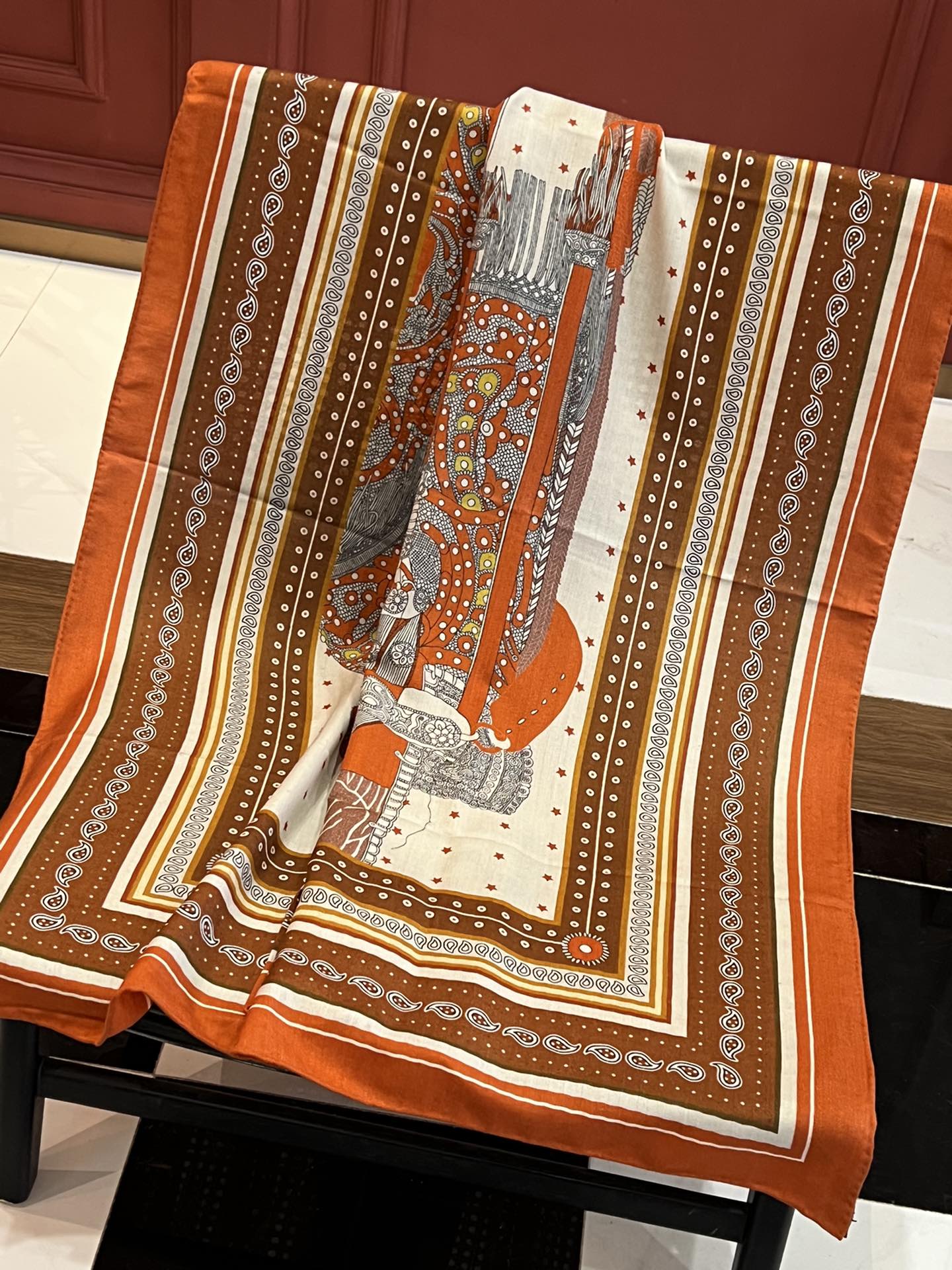 Элегантное двустороннее седло Hermes - 140-140 см - Шелк-кашемир - Оранжевый