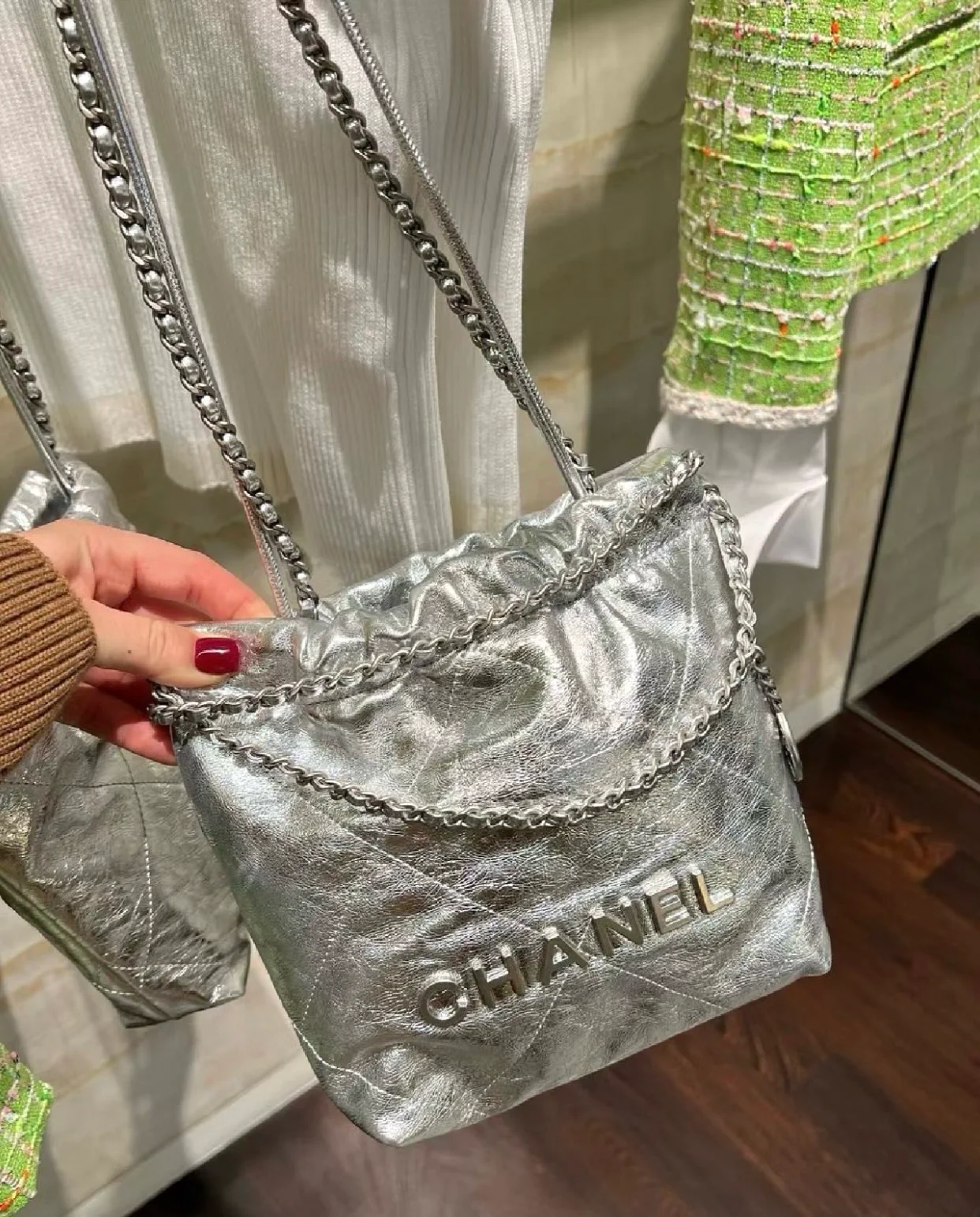 Chanel 25c 22bag mini metallic leather silver