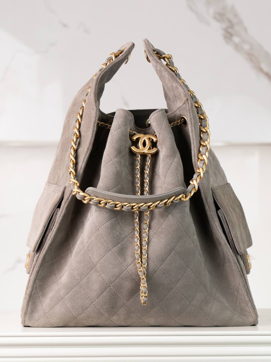 Сумка-ведро Chanel 25c 25bag на завязках, маленький размер, замша - серая