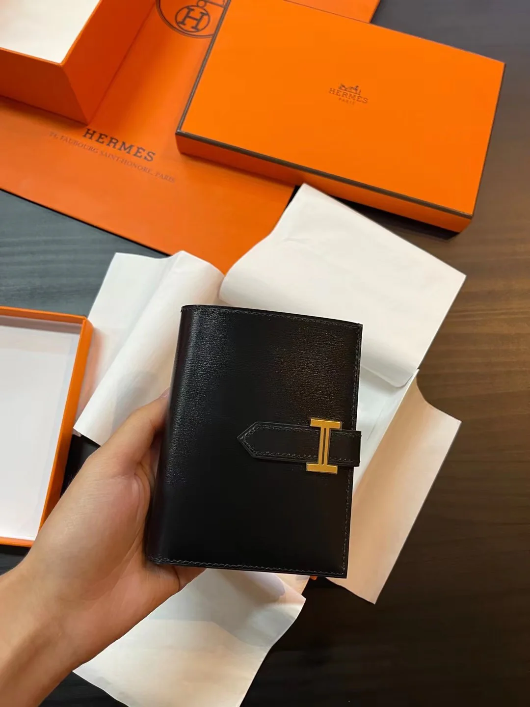 Кардхолдер/шкатулка для клипперов Hermes Bearn - Черный - Золотая пряжка