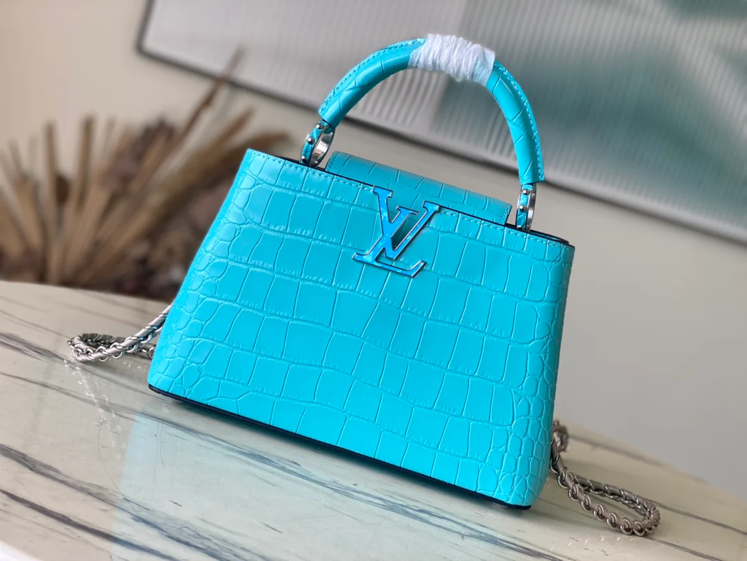 n48865-LV-capucines-bb сумка/сумка через плечо из глянцевой крокодиловой кожи синего цвета