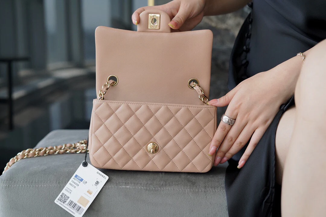 Chanel CF Mini 20cm - Milk Tea Apricot Lambskin with Light Gold Buckle - CF20