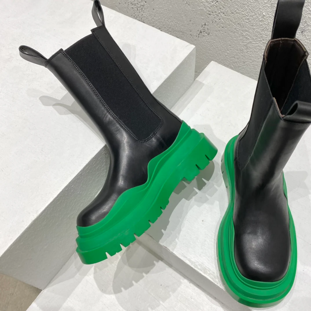 BV-22ss - Британские ретро-сапоги до середины икры - Унисекс - Черные с зеленой подошвой - 1