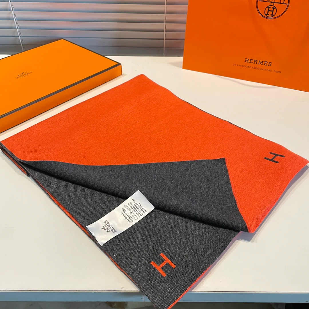 Вязаный кашемировый двусторонний шарф Hermes - 32 см - 180 см - оранжево-серый