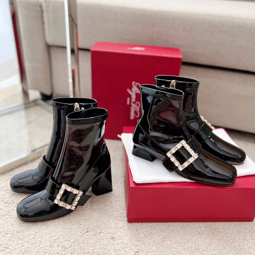 Обувь RV - Tres Vivier - Ботильоны на массивном эластичном каблуке - Черная лакированная кожа