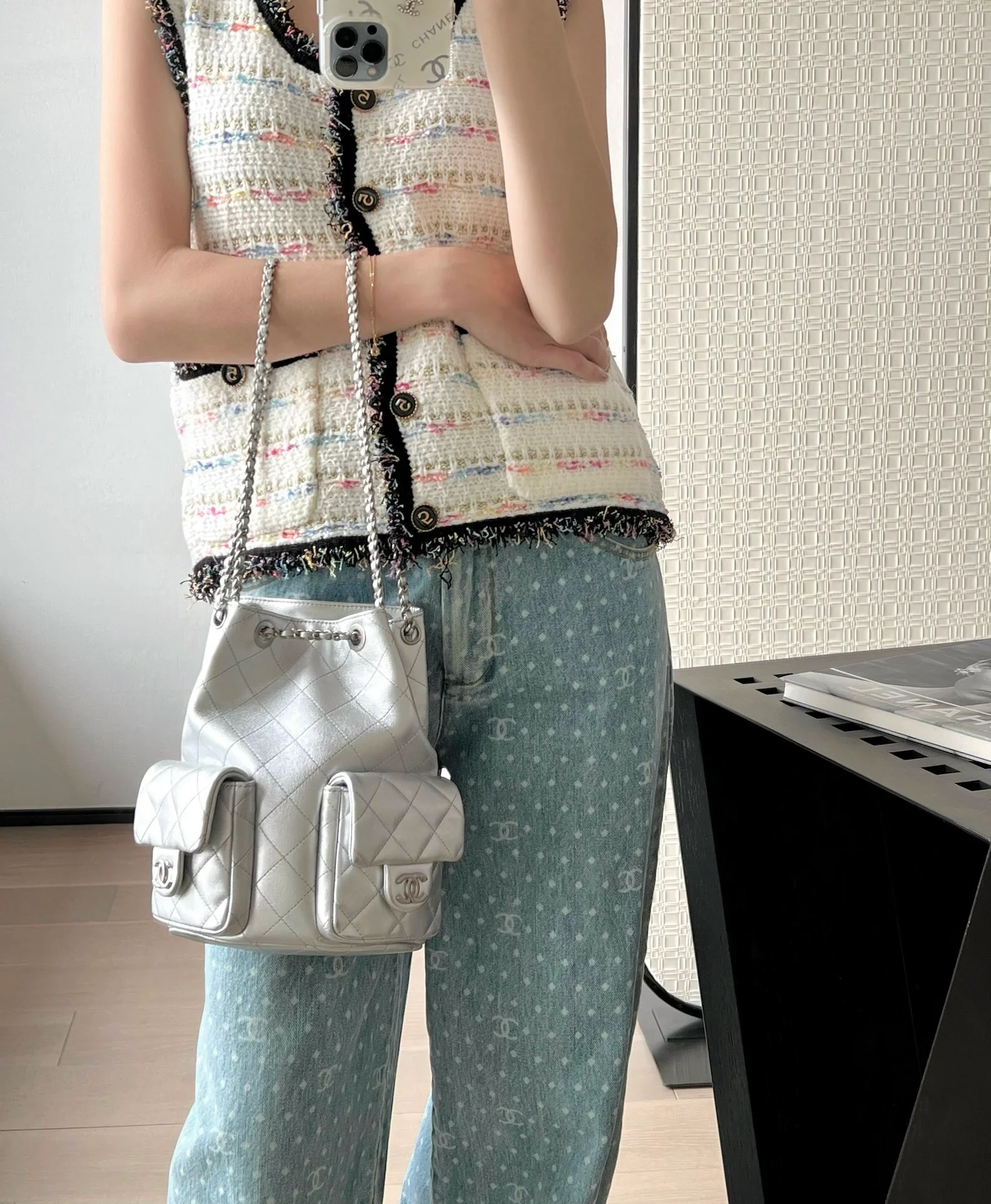 Рюкзак Chanel 25c на завязках - серебристый