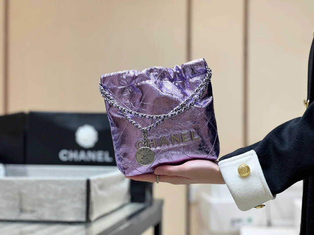 Миниатюрная металлическая кожаная мусорная сумка Chanel 25c - фиолетовая