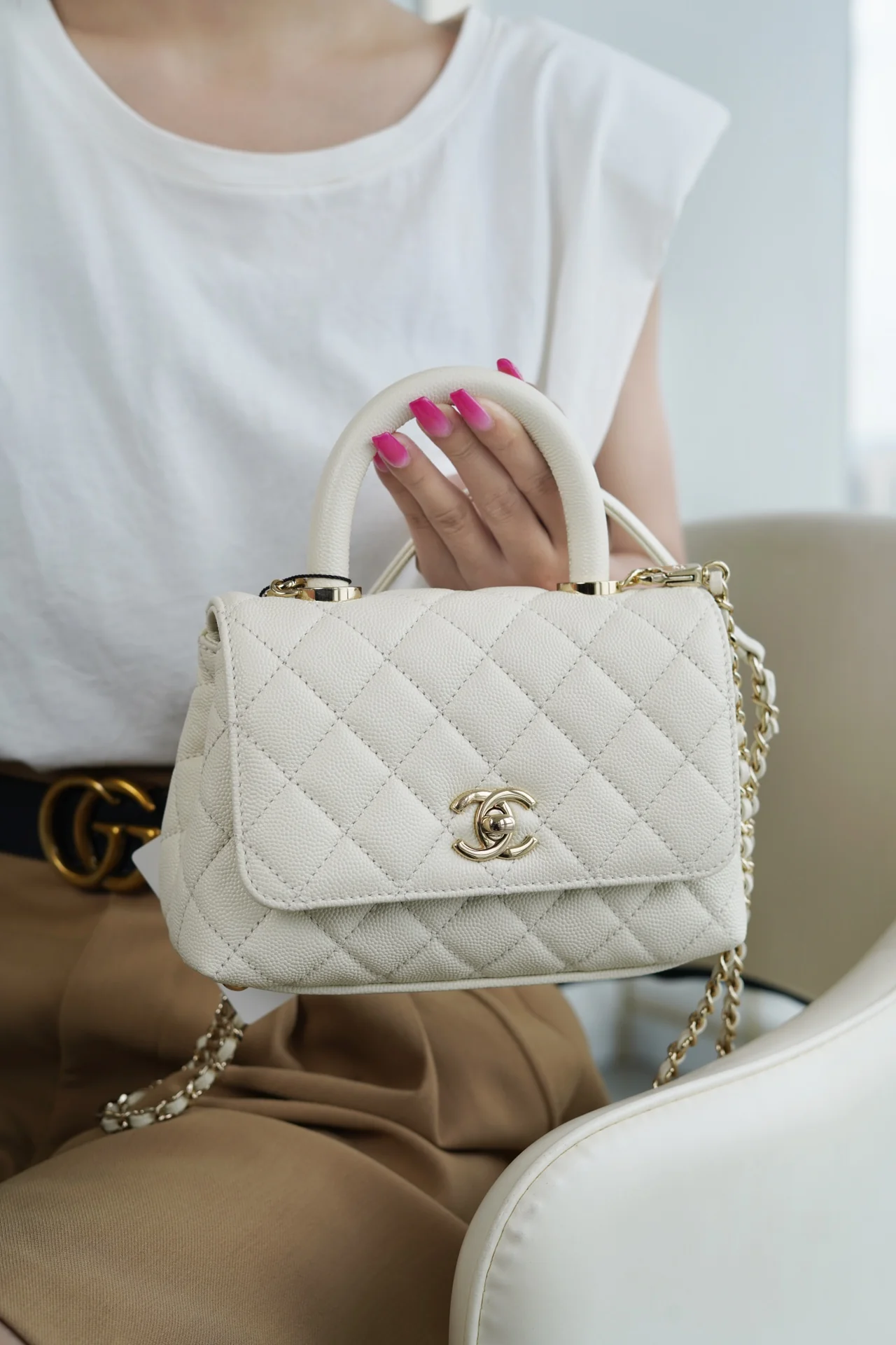 Chanel 2021 Coco Handle Grain Leather - White - Mini