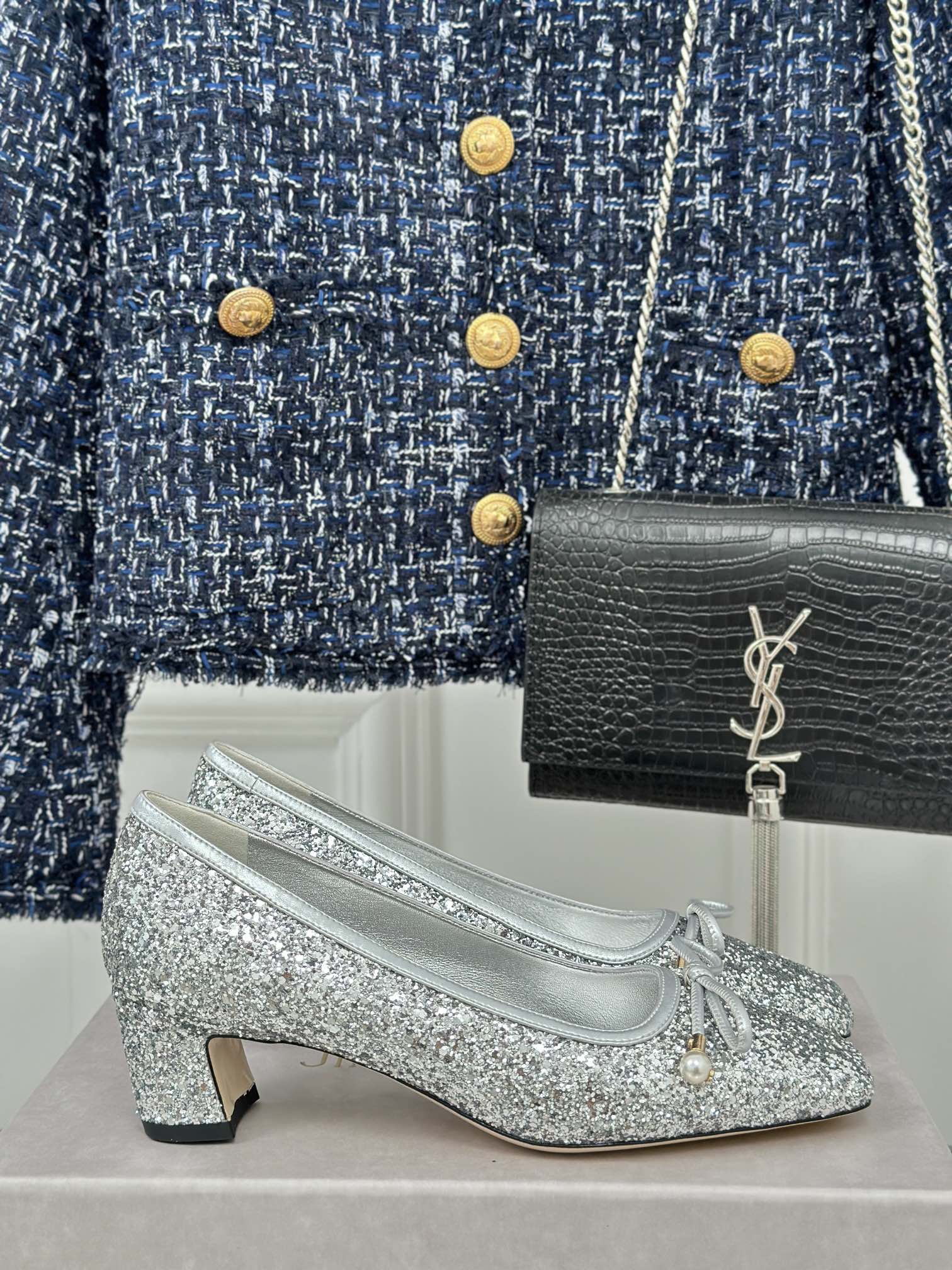 JC - Балетки с квадратным носком, модель 2024 - серебристые