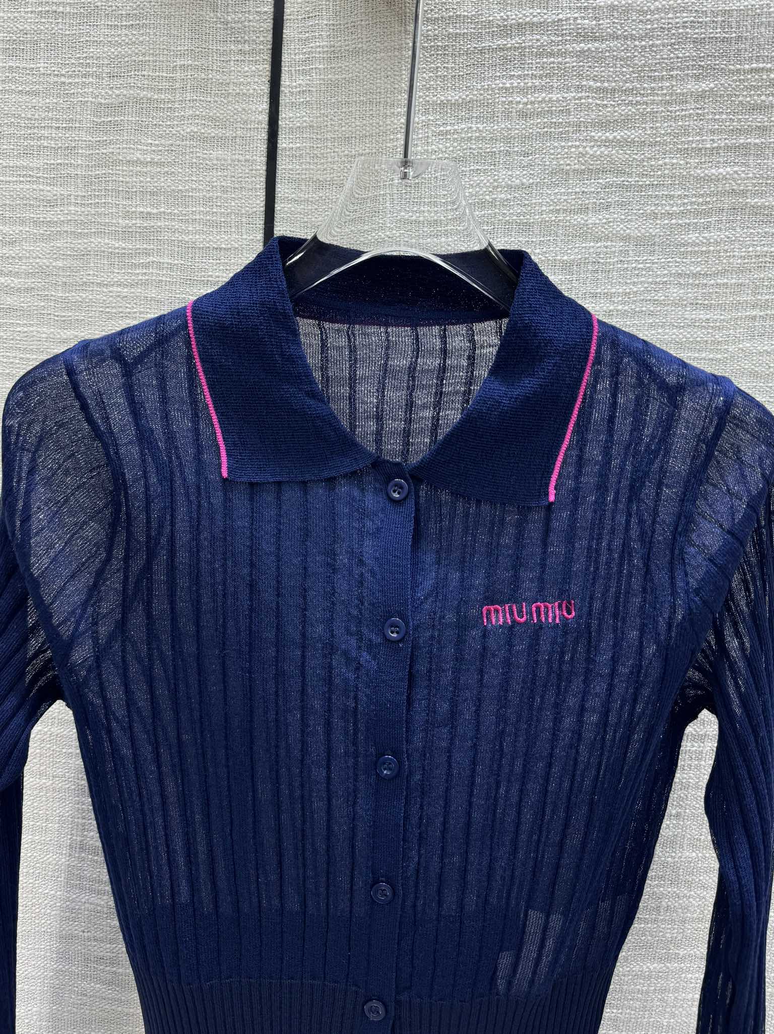 Miu Miu - 2404 - Вязаный кардиган с длинными рукавами и воротником-поло в стиле колор-блок - темно-синий
