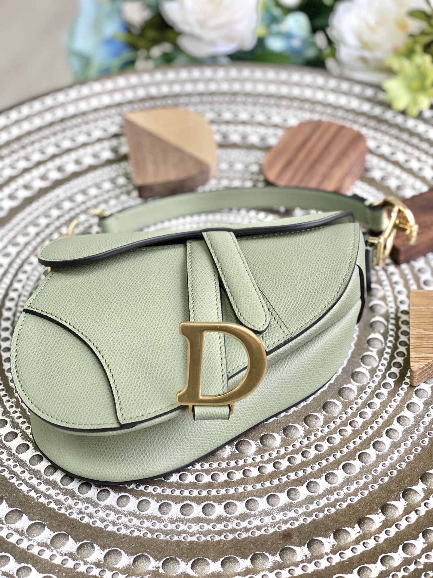 Сумка Dior Saddle Bag - с принтом пальм - маленькая, цвет матча - 19 см