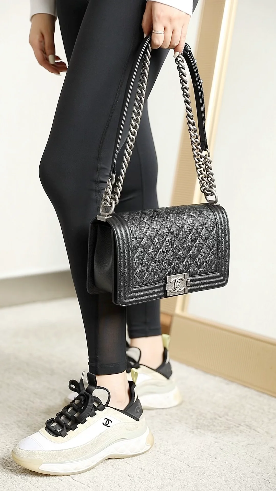 Chanel Le Boy Crystal Diamond Pattern Caviar - Medium - Black Silver