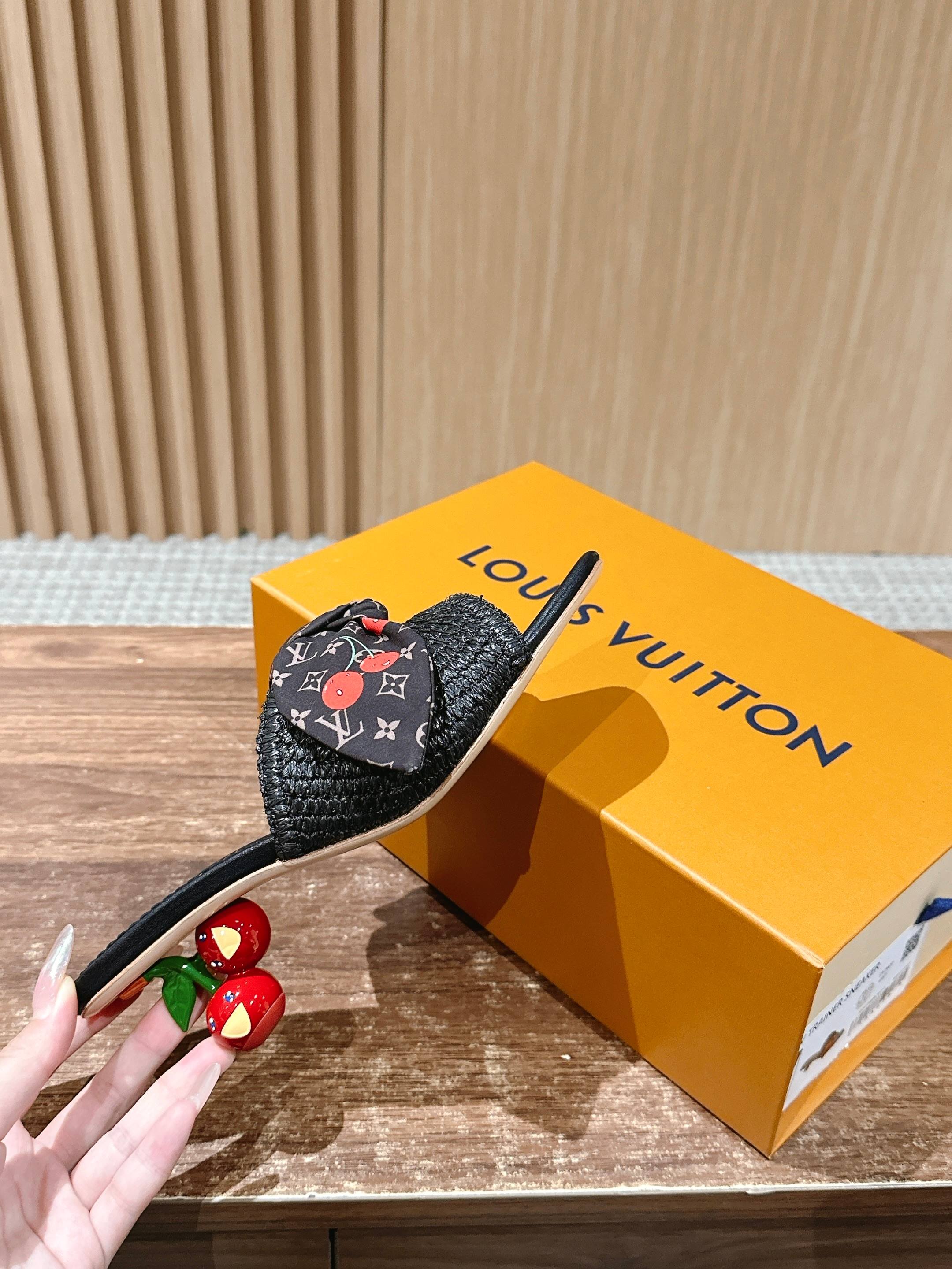 LV - Соломенные сандалии на низком каблуке с бантом - Черные