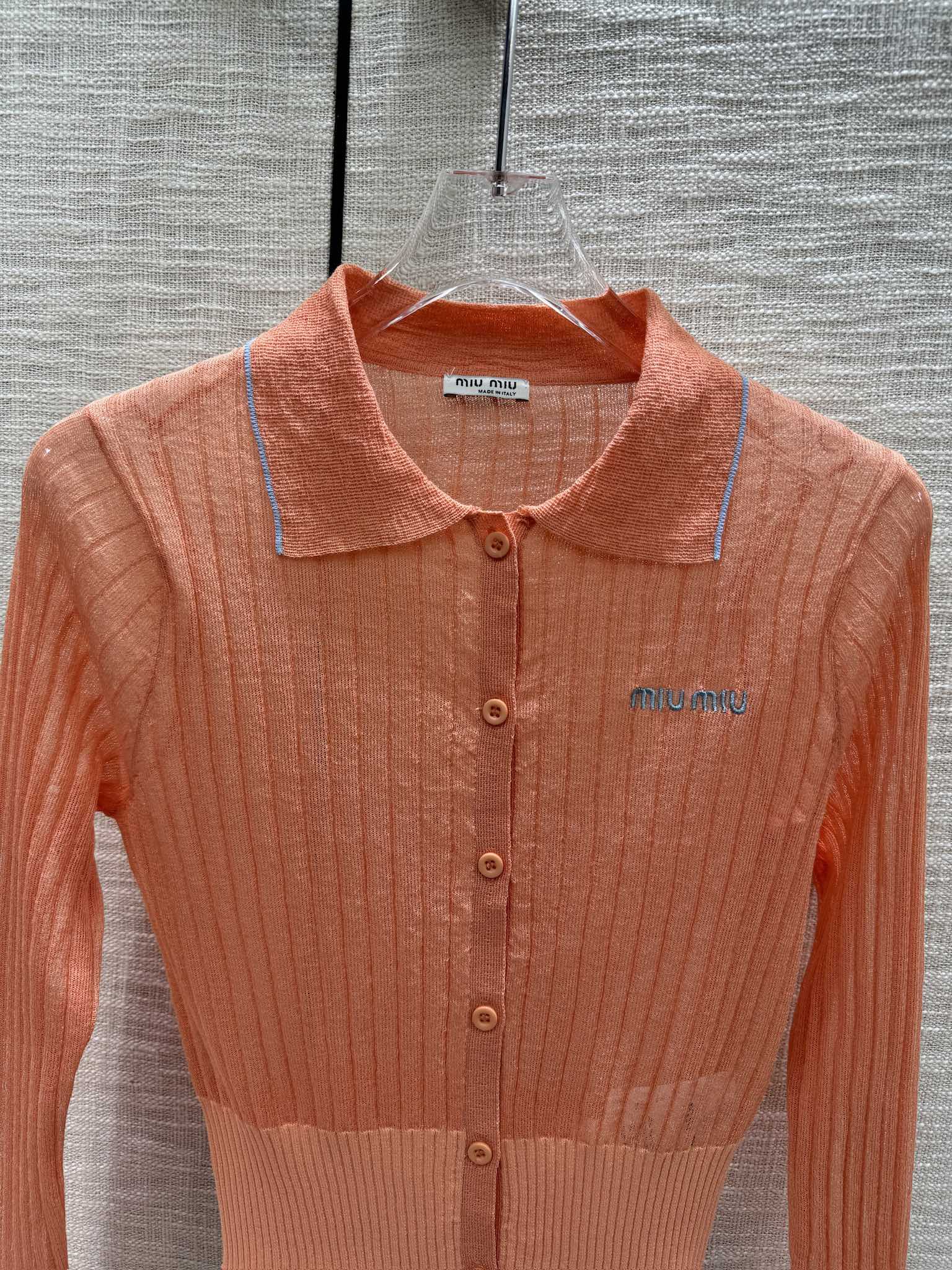 Miu Miu - 2404 - Вязаный кардиган с длинными рукавами и воротником-поло в стиле колор-блок - Оранжевый