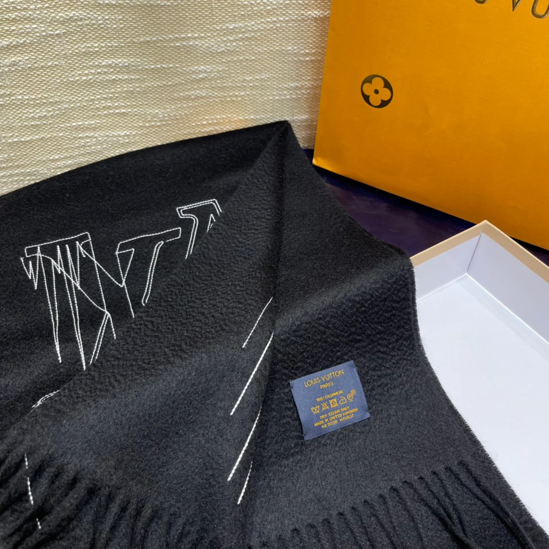 Вышитый шарф LV - 180 см - 35 см - 100% кашемир - черный