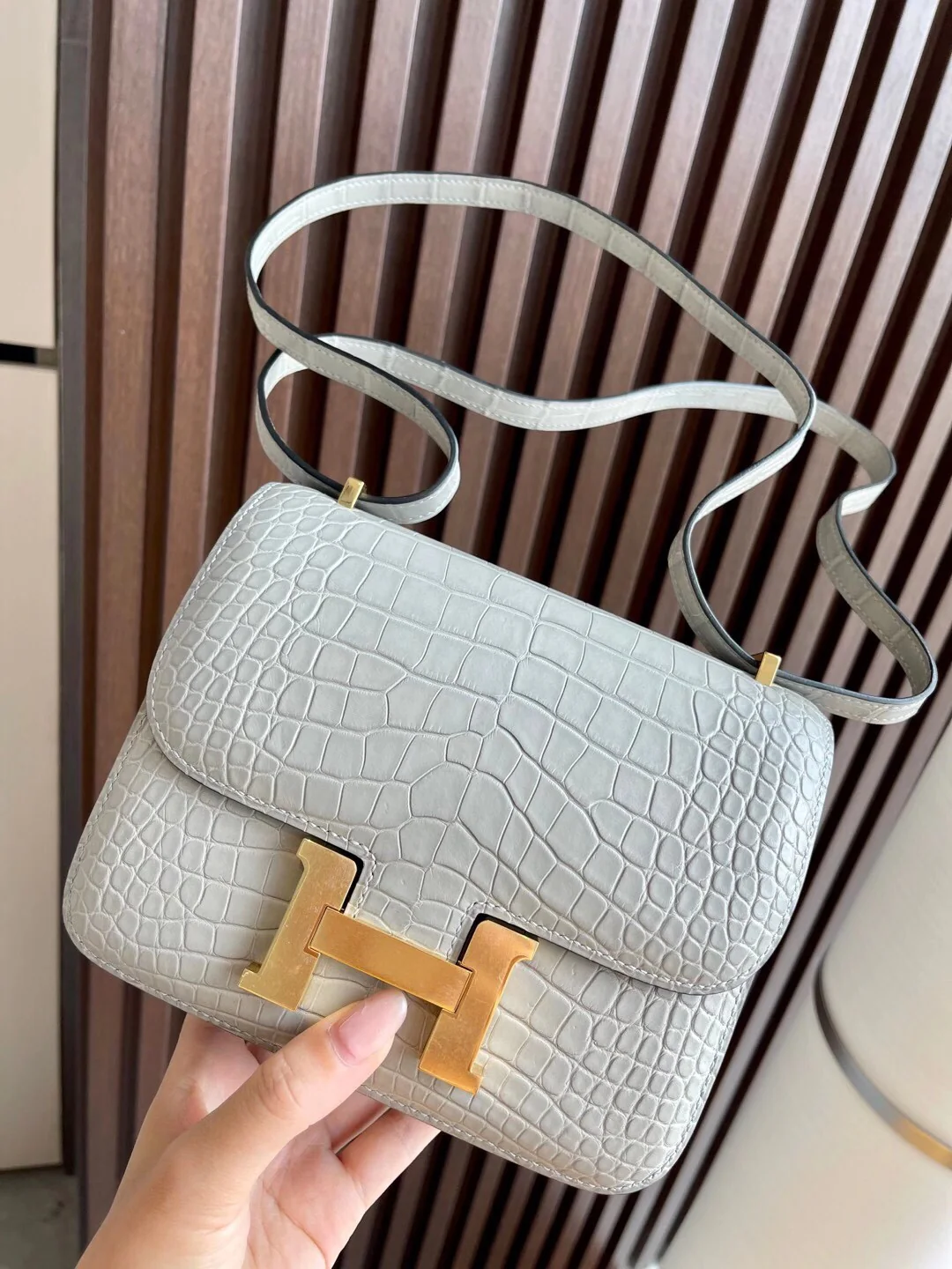 Hermes Constance Mini Матовая крокодиловая кожа, жемчужно-серый цвет, золотая фурнитура