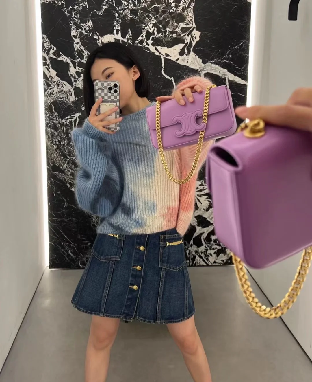 Celine - Кожаная сумка с пряжкой и цепочкой - Подмышечная сумка - Фиолетовая