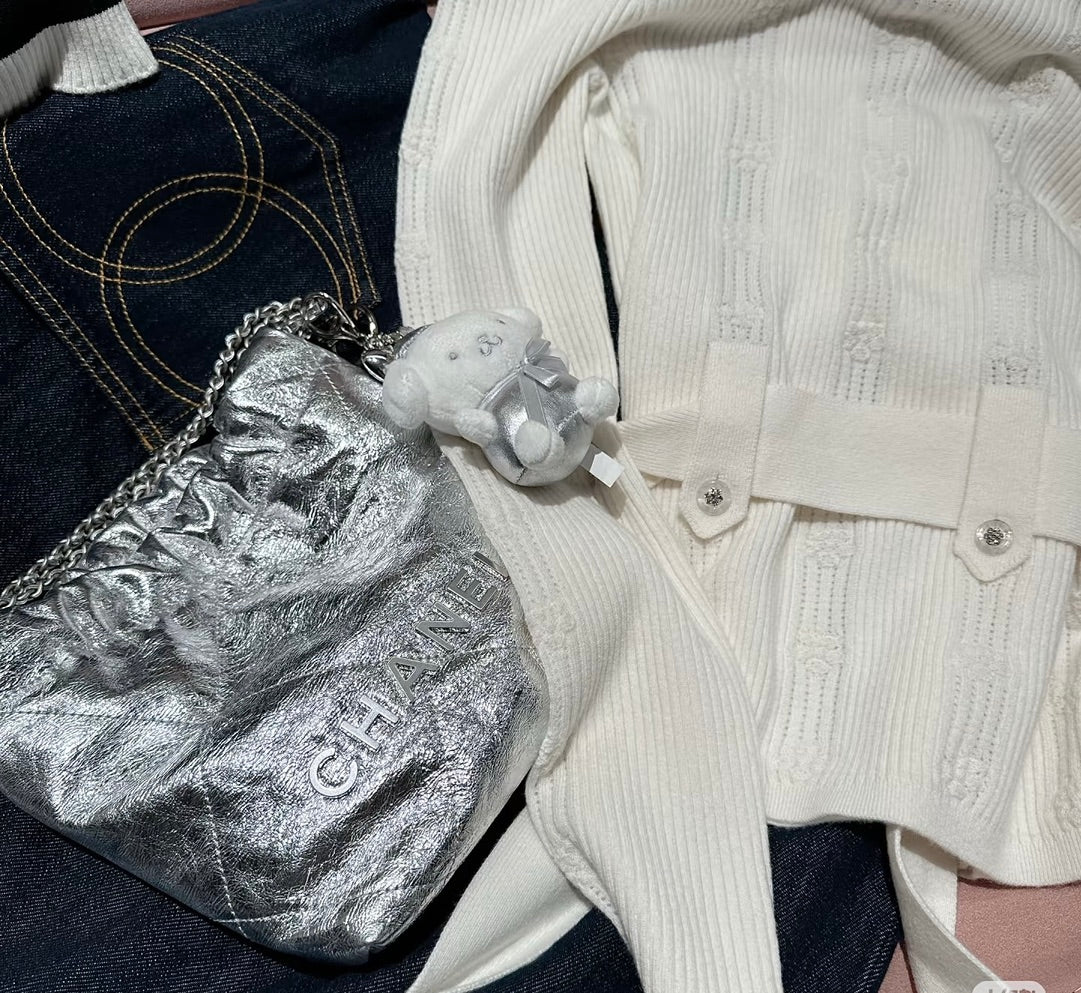 Chanel 25c 22bag mini metallic leather silver