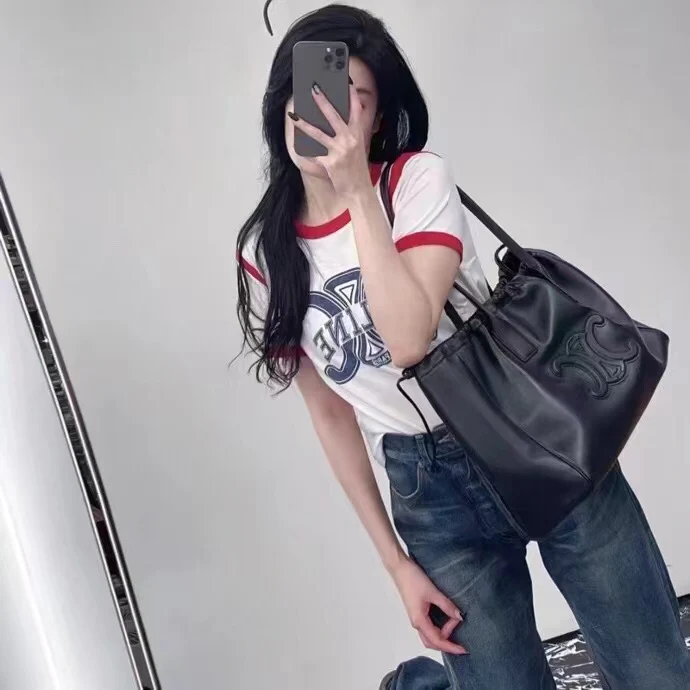 Сумка Celine Cabas Triomphe из гладкой кожи с завязками - черная