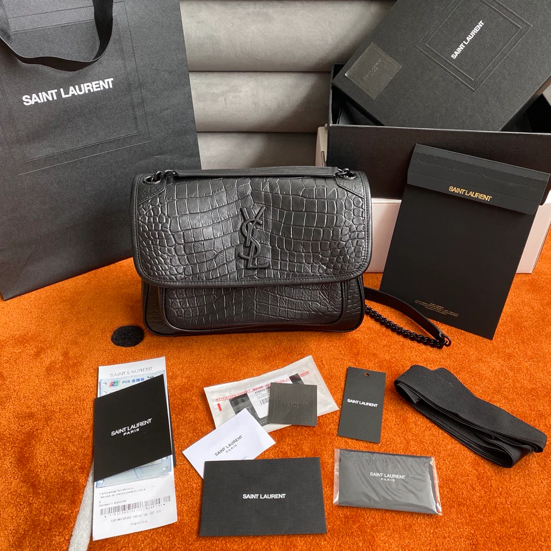 Сумка-мессенджер YSL-niki - черная - с крокодиловым рисунком - 28 см