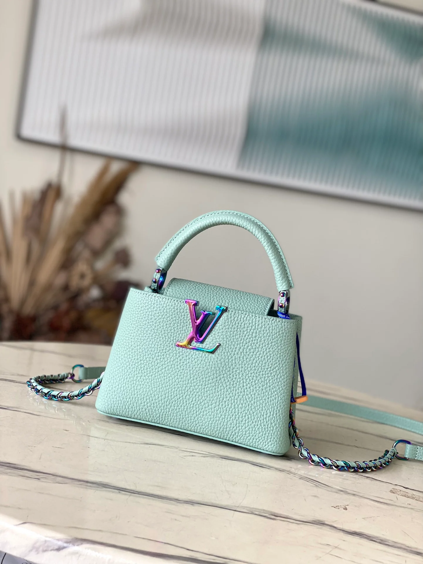 m22606-LV-Taurilon Leather-Capucines Handbag-Light Green with Speckled Gold Purles-Mini