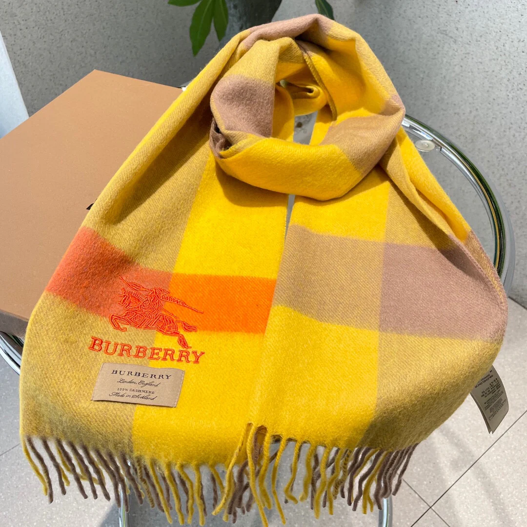 Классический кашемировый клетчатый шарф Burberry с узором ?водная рябь? — 32 см (180 см) — чистый кашемир — желтый