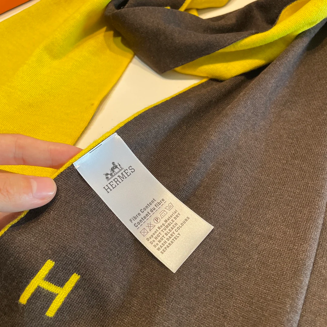 Вязаный кашемировый двусторонний шарф Hermes - 32 см - 180 см - желто-коричневый