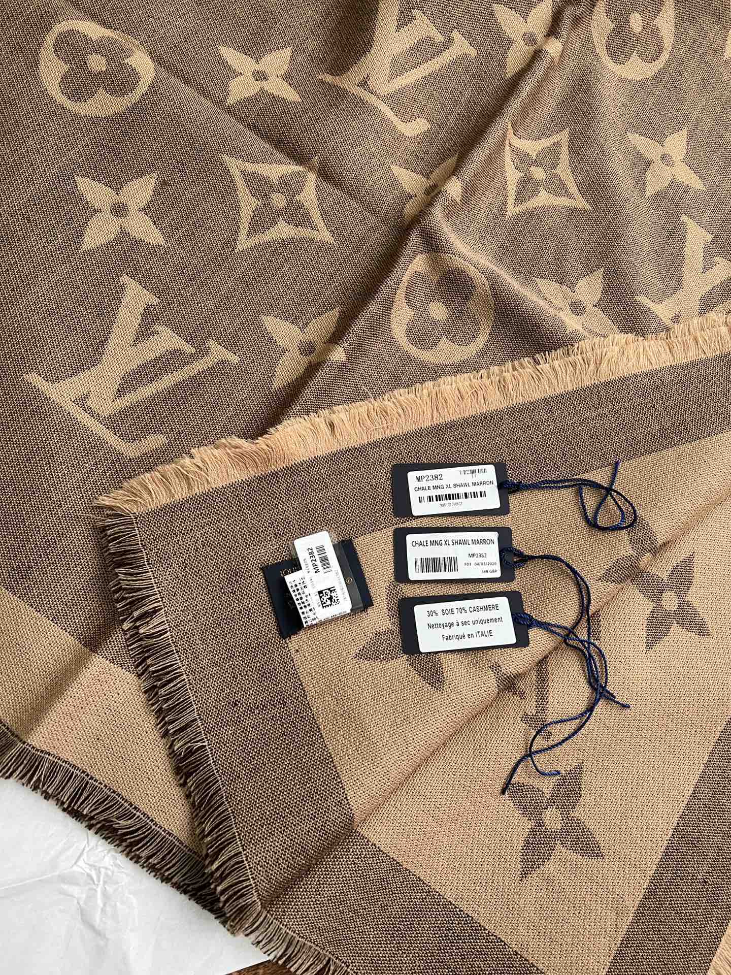 Квадратный шарф с монограммой LV - 140 см - 70 см - кашемир 30 см - шелк - коричневый