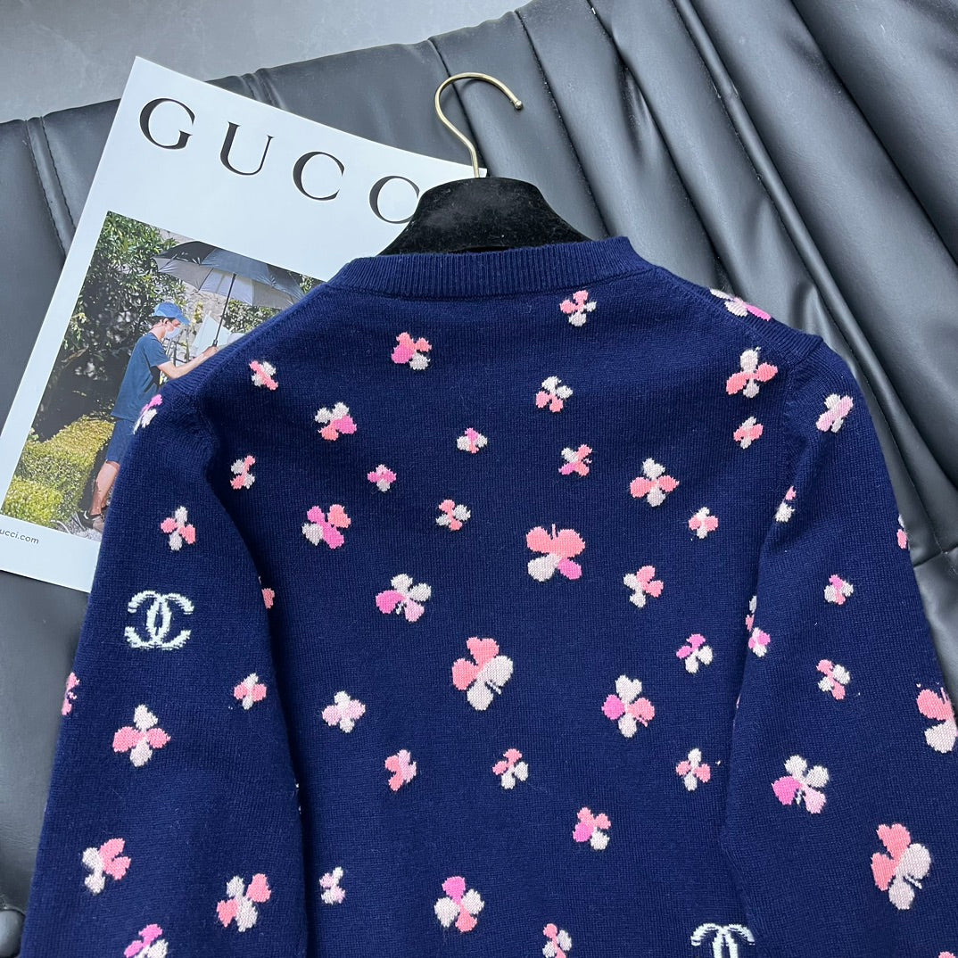 Кардиган Chanel 2403 из жаккардовой вязки с короткими рукавами - синий