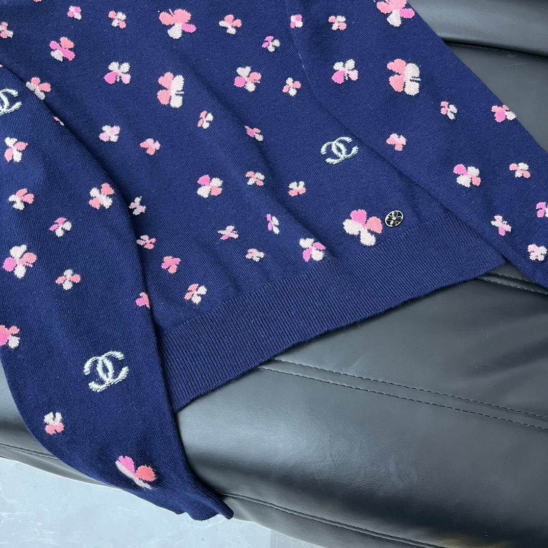 Кардиган Chanel 2403 из жаккардовой вязки с короткими рукавами - синий