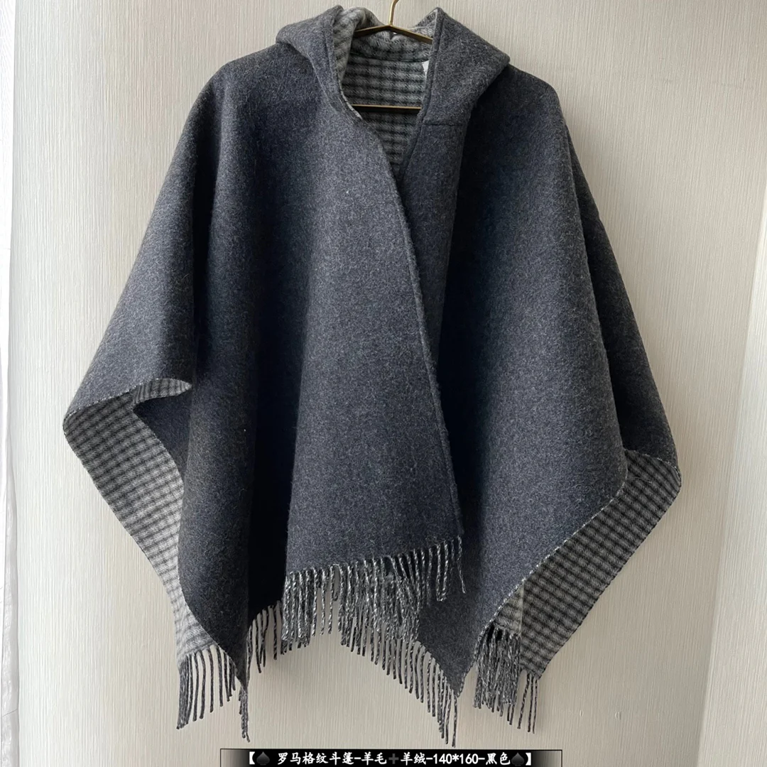 Fendi - Двусторонняя накидка в римскую клетку - 140-160 см - с бахромой - 75 см - шерсть 25 см - кашемир - черный - бежевый