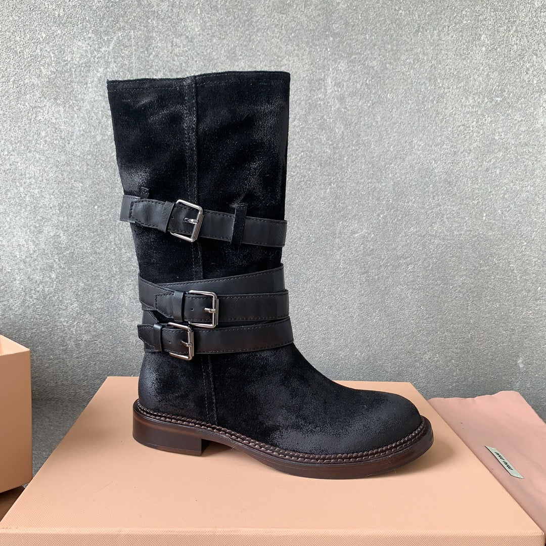 Новые мотоциклетные ботинки Miu Miu в стиле панк, 2023 год - черные.