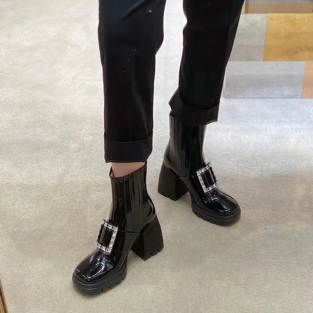 Ботинки на платформе RV-2024 с бриллиантовой пряжкой - черные