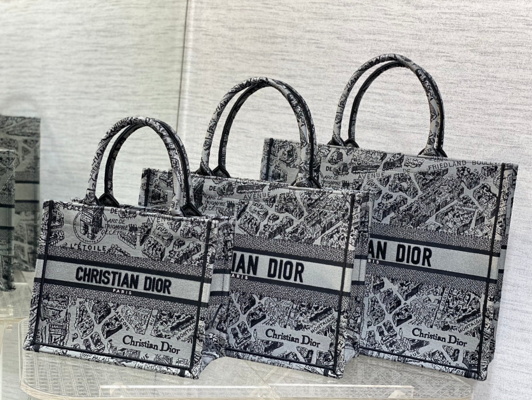 Сумка-тоут Dior Book из коллекции Весна/Лето 2023 — вышивка с картой Парижа — серая — маленькая