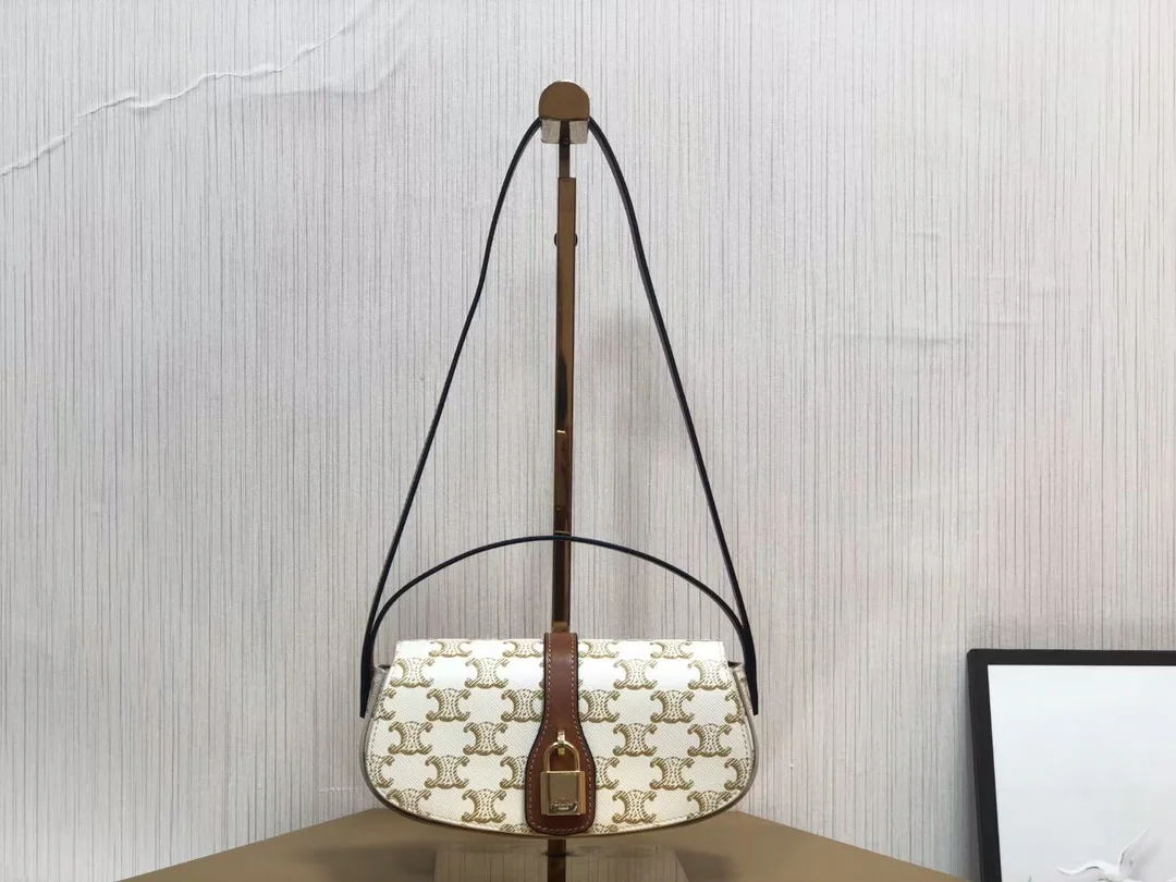 Мини-клатч Celine Taboo с замком в форме замка — монограмма, белый и коричневый цвета.