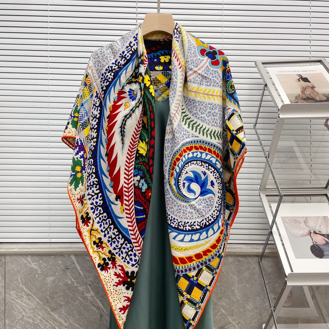 Большой двусторонний шарф Hermes - 136 см - 30 см - Шелк 70 - Шерсть - 6 см