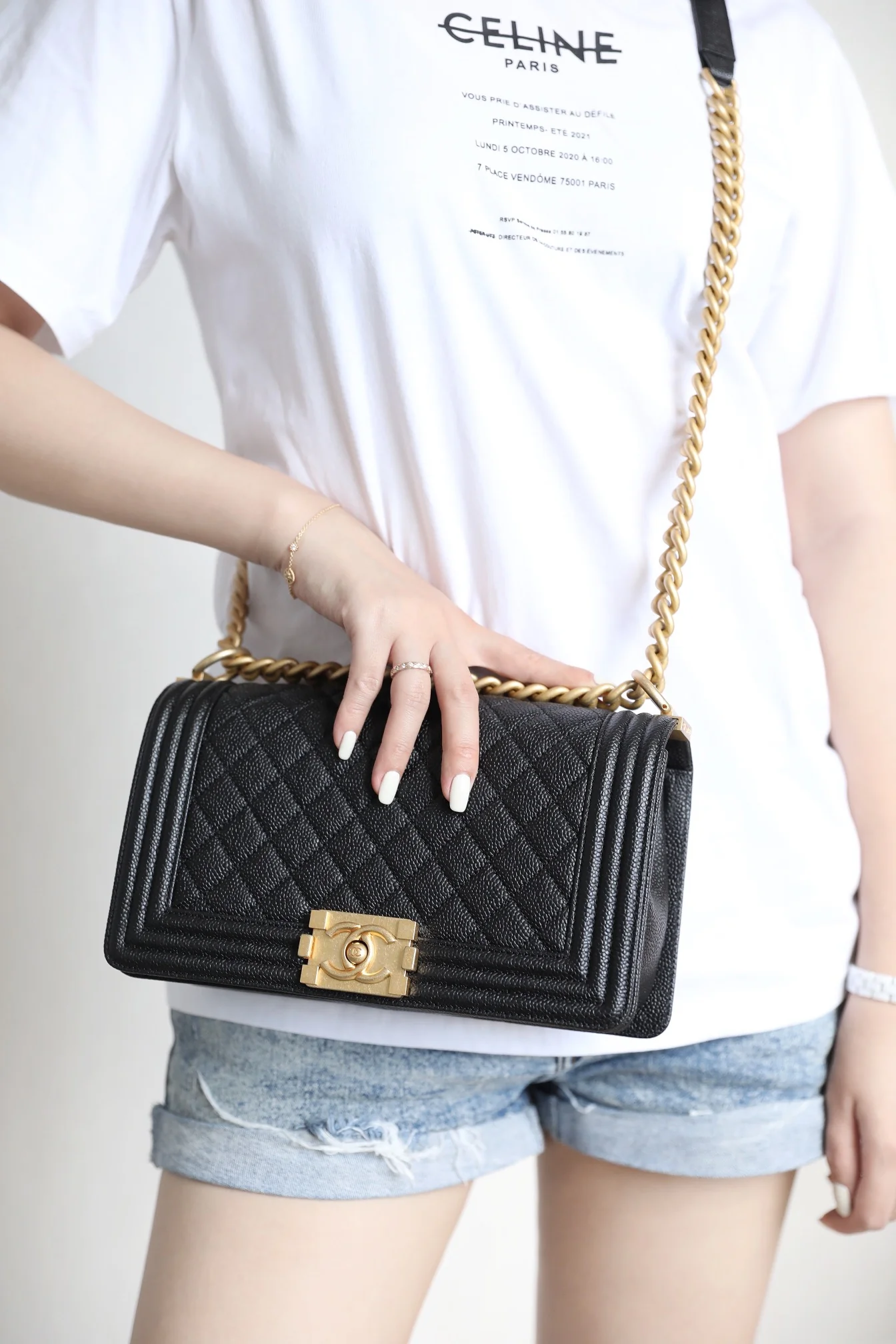 Chanel Le Boy Crystal Diamond Pattern Caviar - Medium - Black Gold