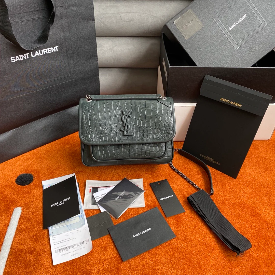 Сумка-мессенджер YSL Niki - зеленая - с крокодиловым рисунком - 22 см