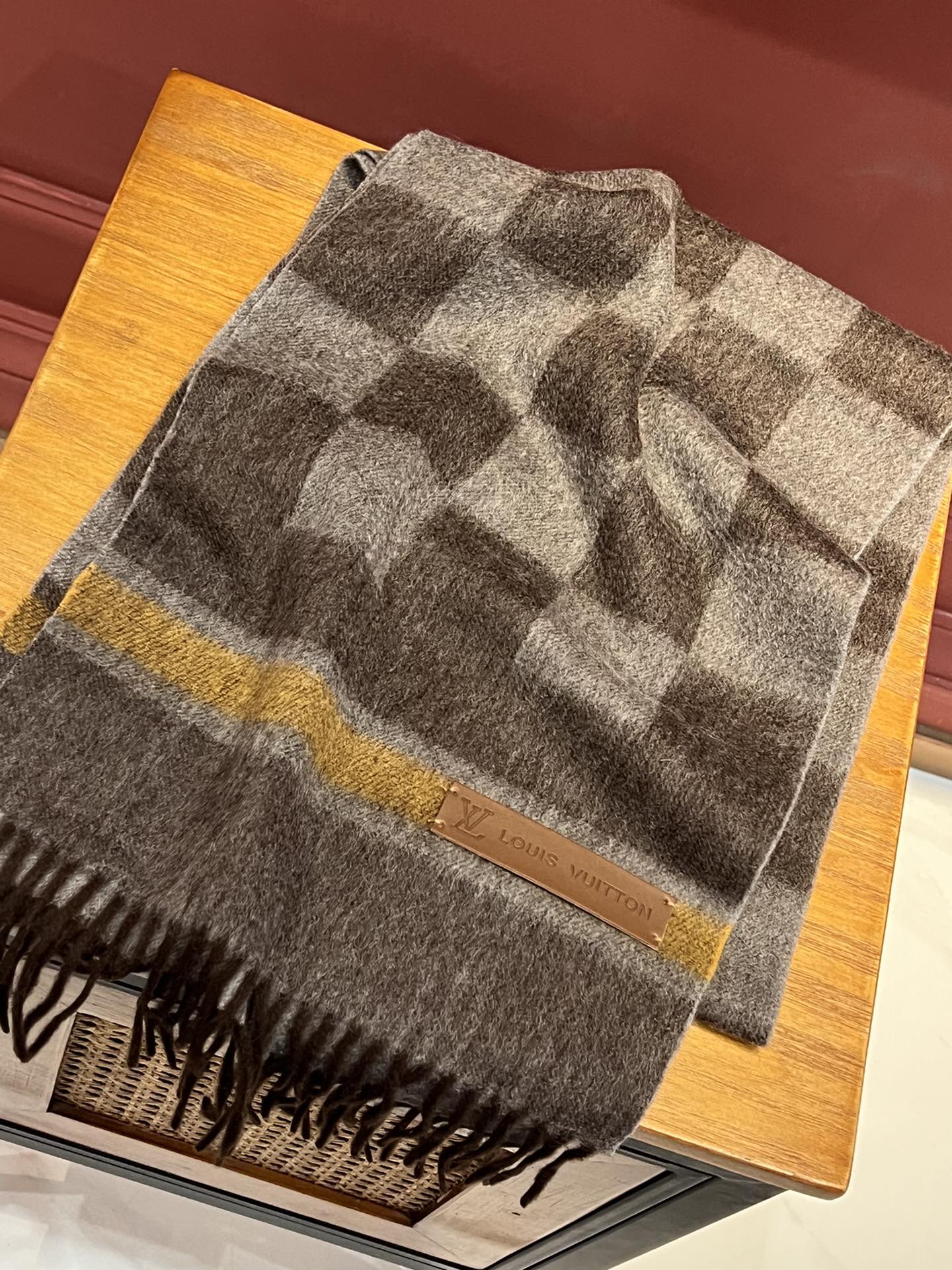 Двусторонний шарф LV Damier - 30 см (190 см) - с кисточками - 100% кашемир - темно-коричневый