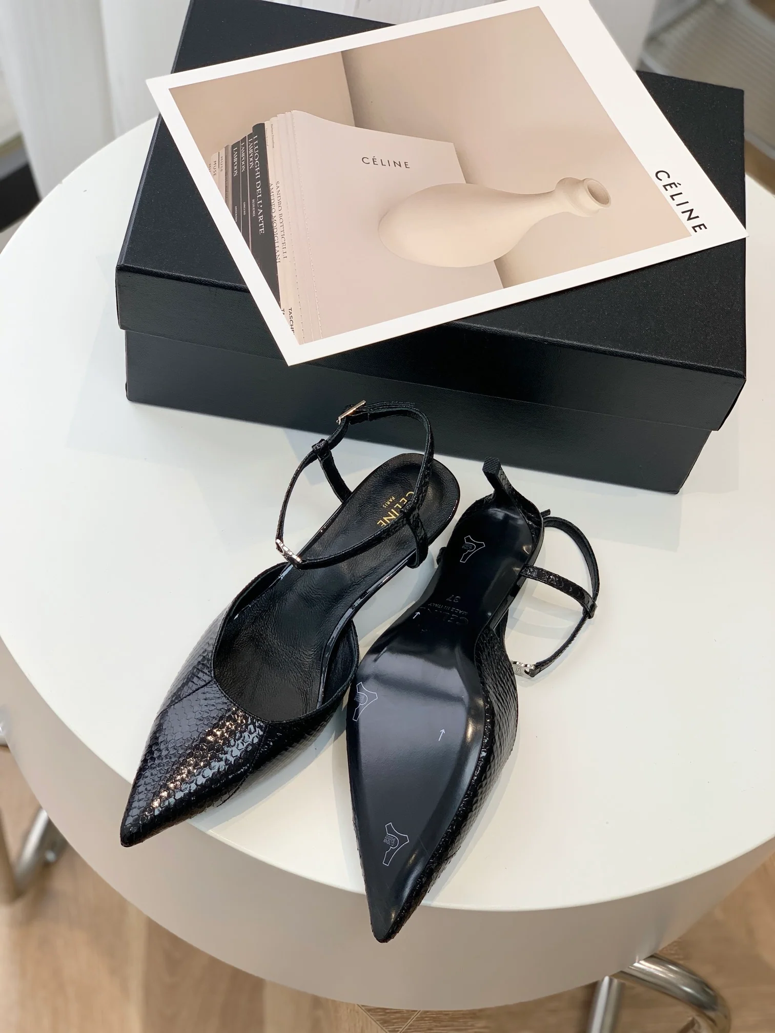 Новинка сезона весна/лето 2023 от Celine - Босоножки на низком каблуке с острым носком - Черные