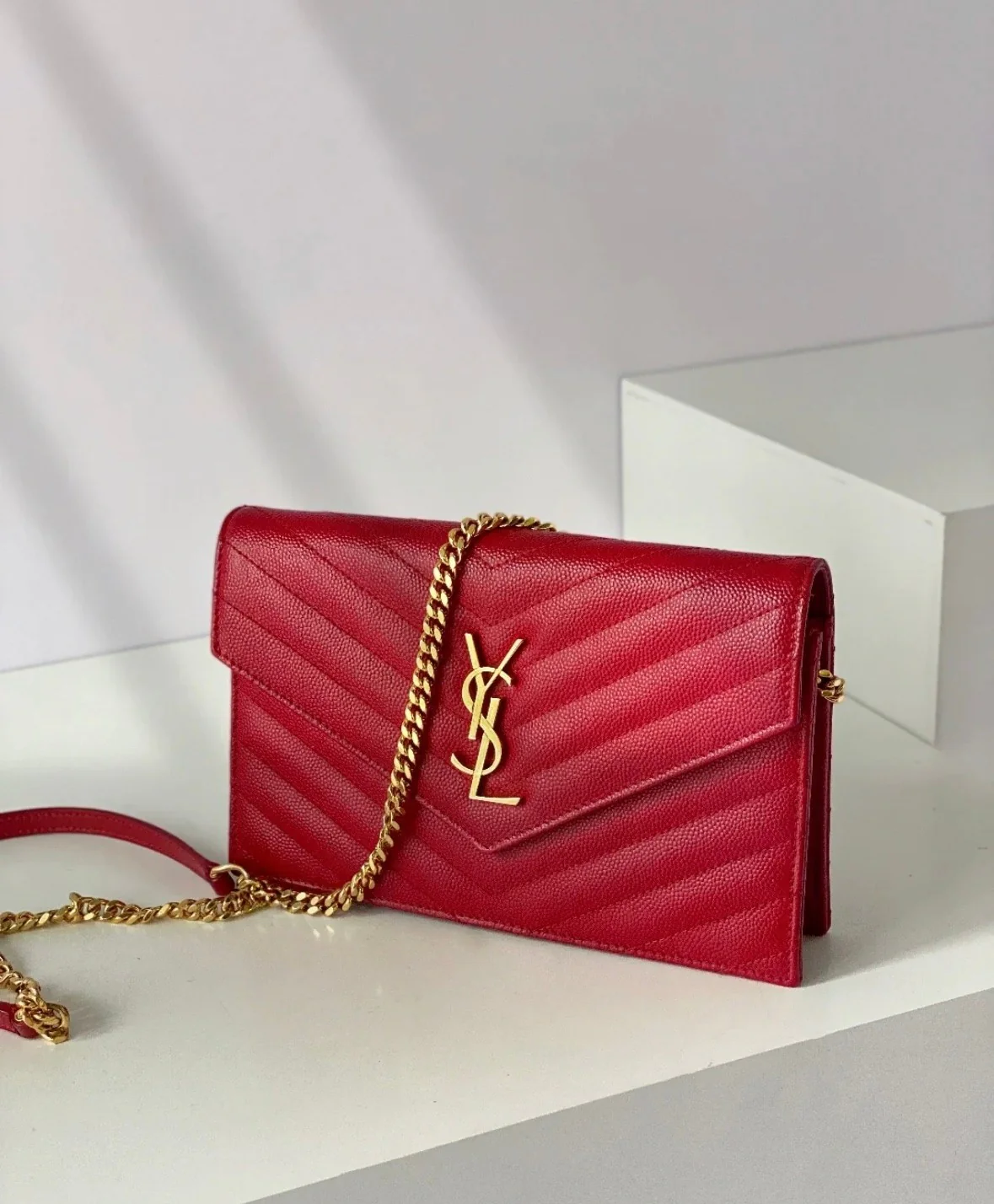 YSL Monogram Caviar WOC Red with Gold buckle 19cm