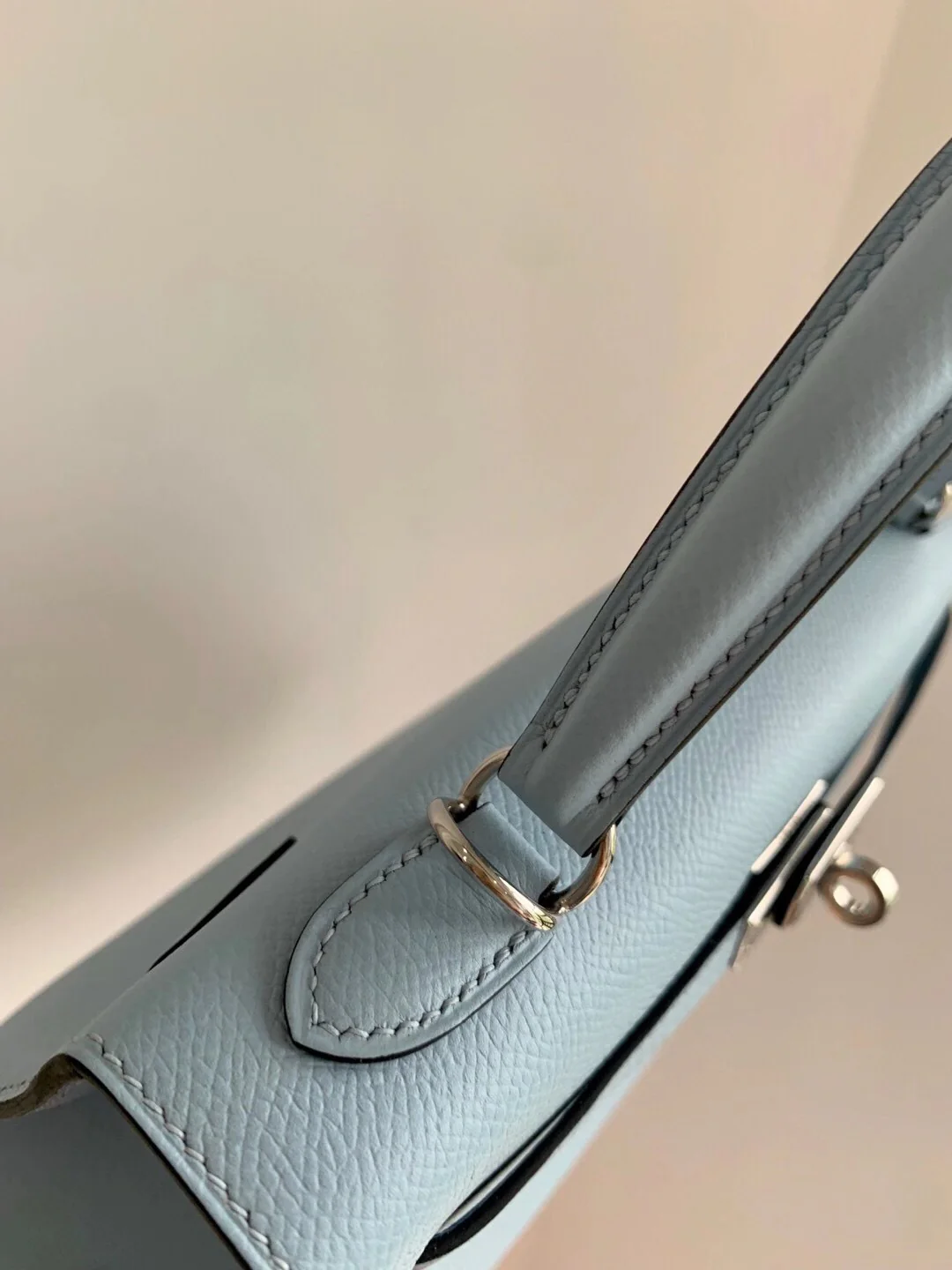 Hermes Kelly 25 Epsom T0 Haze Blue Silver Button