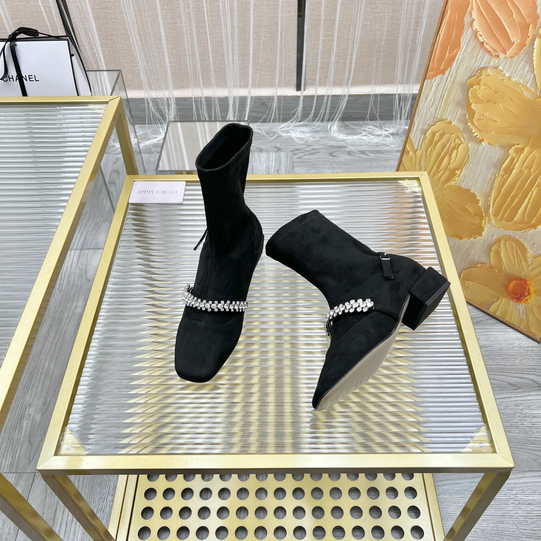 Ботильоны Jimmy с квадратным носком и стразами на цепочке - черные